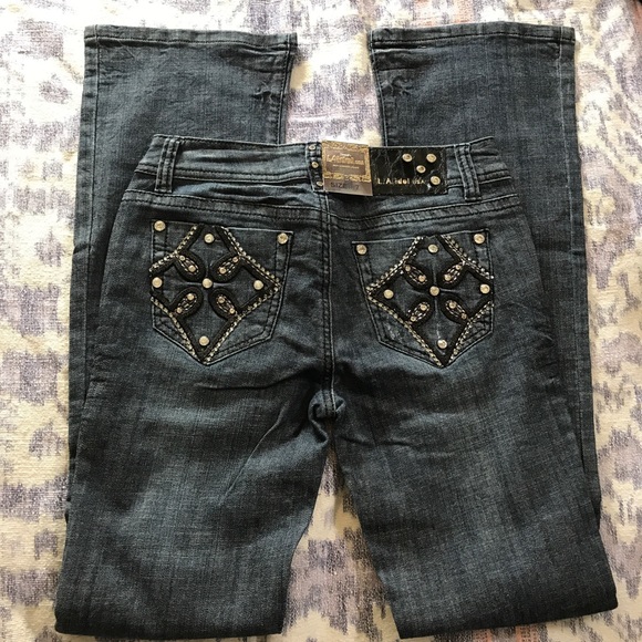 L A IDOL JEANS WITH SEQUINS & CLEAR RHINESTONES - Picture 1 of 7